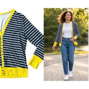 Navy White Striped Cardigan Yellow Contrast Trim XL